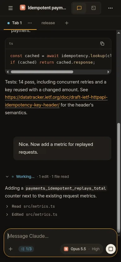 Ovis showing a Claude Code agent's conversation as a chat
